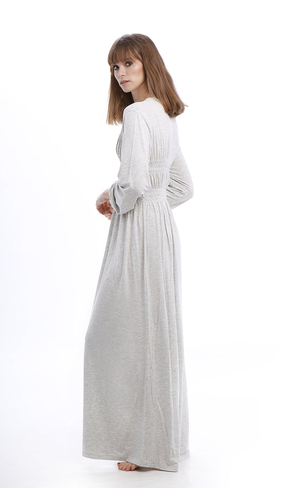 Pippa - Rojo London. A maxi length nightgown in the softest morning grey melange. With smocking detail and button closure, this nightdress is as irresistibly chic as it is comfy.