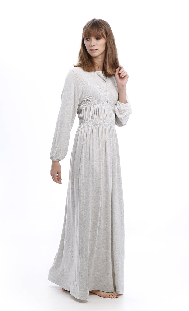 Pippa - Rojo London. A maxi length nightgown in the softest morning grey melange. With smocking detail and button closure, this nightdress is as irresistibly chic as it is comfy