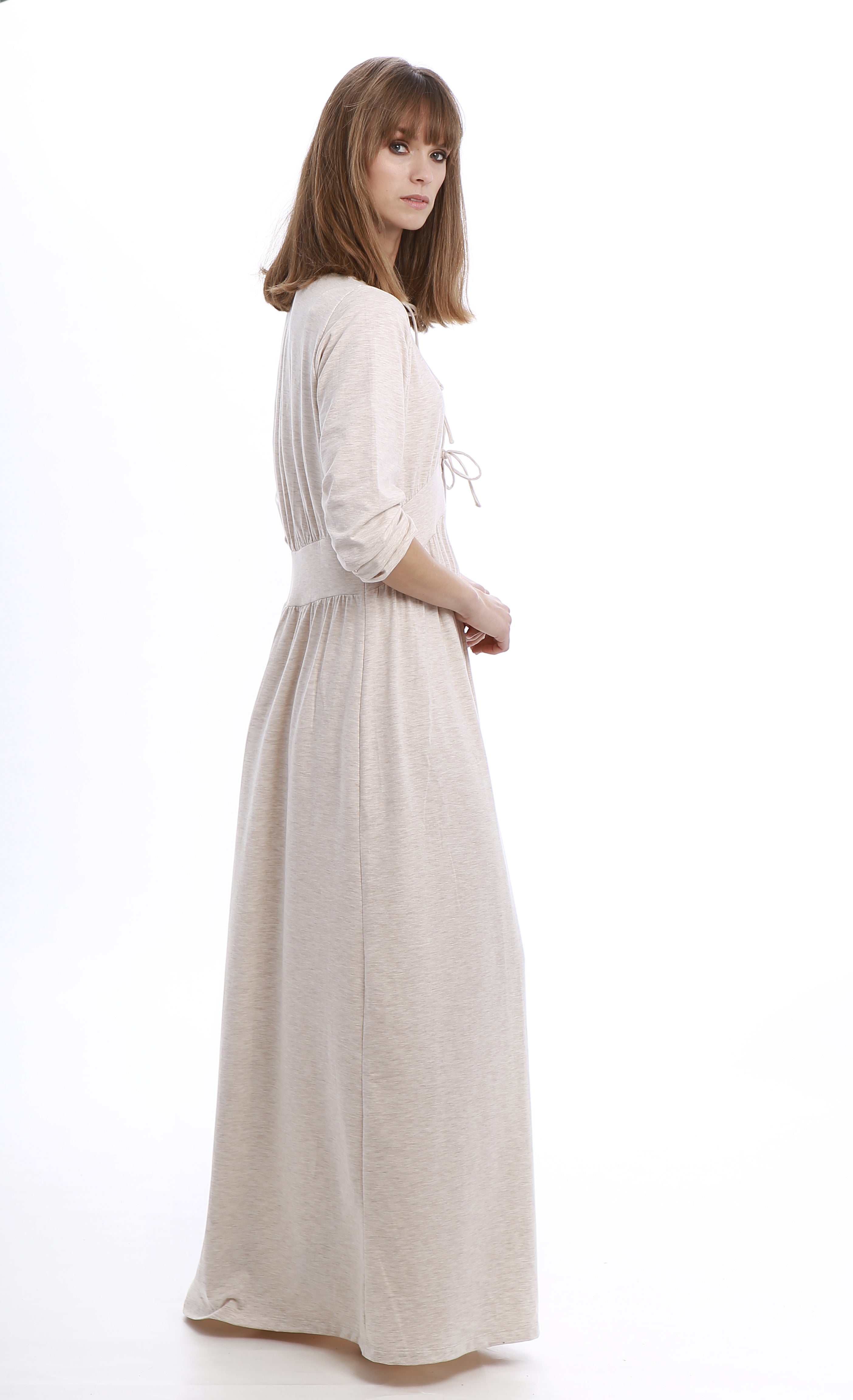 Lotte - Rojo London. This maxi length nightgown features an empire waist and delicate bow closures for an impeccably elegant and feminine design. Available in two soft melange hues.