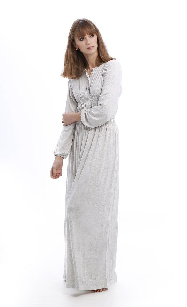 Pippa - Rojo London. A maxi length nightgown in the softest morning grey melange. With smocking detail and button closure, this nightdress is as irresistibly chic as it is comfy.