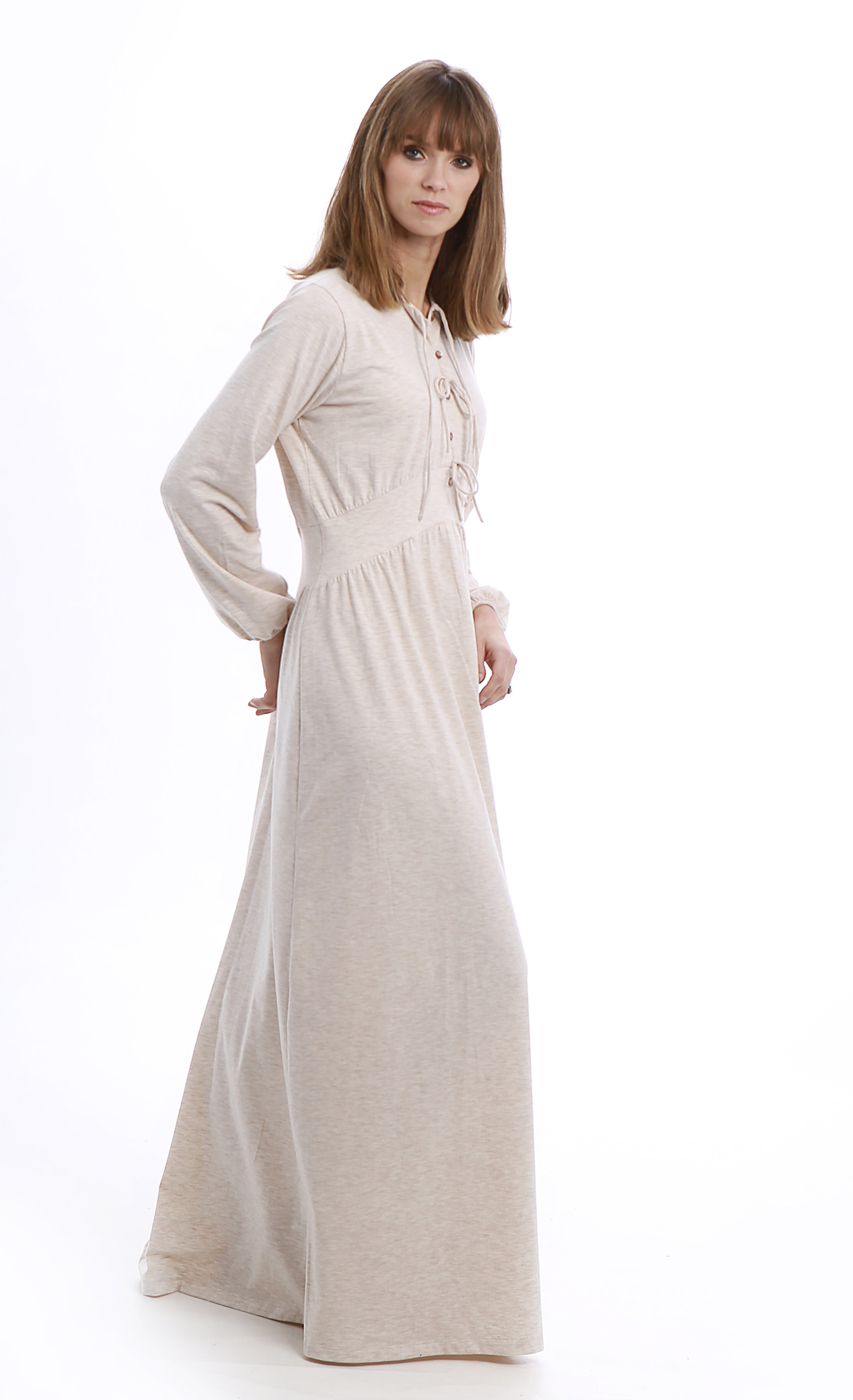 Lotte - Rojo London. This maxi length nightgown features an empire waist and delicate bow closures for an impeccably elegant and feminine design. Available in two soft melange hues.