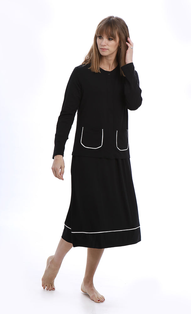 Eminently comfortable and effortlessly chic, this is the perfect little black (night)dress.    Features:  Nightdress:  Knee length 3/4 sleeves Embroidered detail Round neck Cardigan:  Button down closure Patch pockets